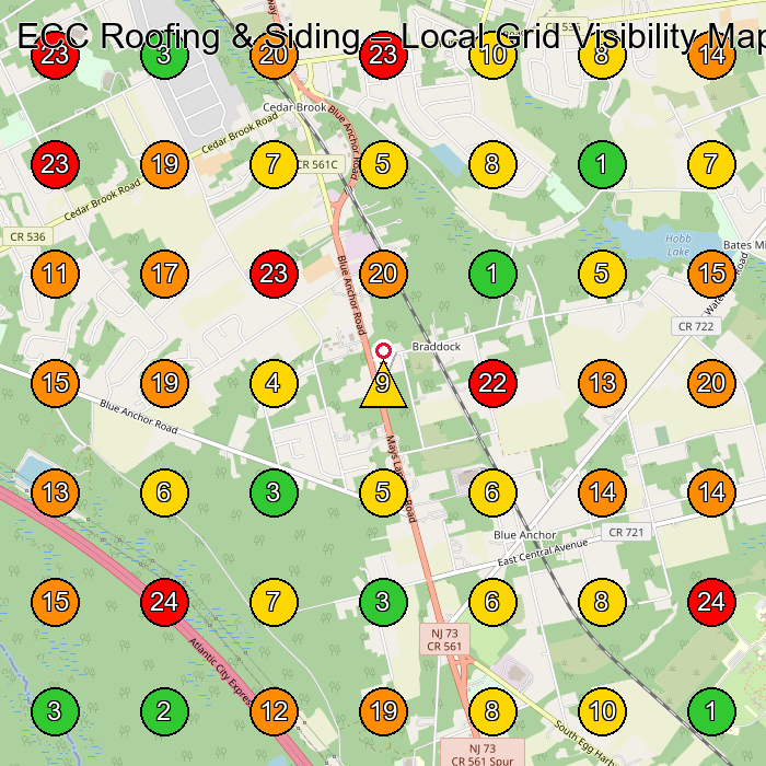 ECC Roofing & Siding Roofing Contractor GeoGrid ranking map for Hammonton NJ